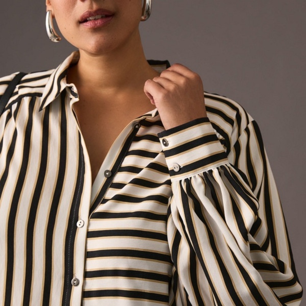 Anthropologie Maeve Silky Striped Black Cream Striped Button Down Shirt | M - Picture 3 of 8
